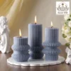 MTLEE 3 Pcs Small Ribbed Pillar Candles Blue Geometric Home Decor Set