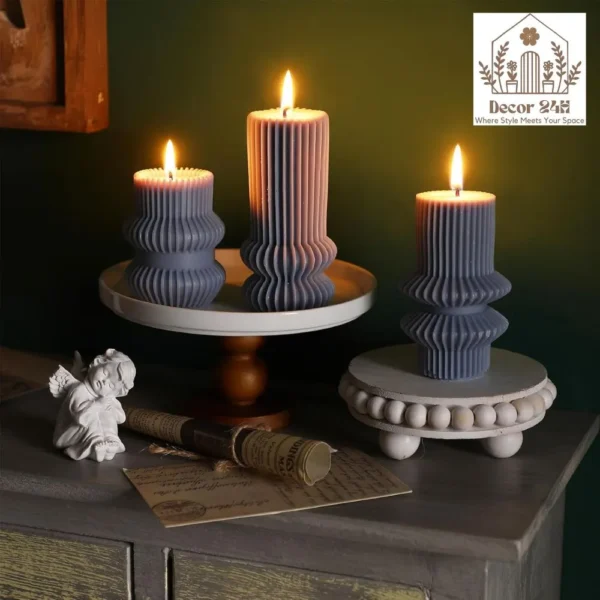 MTLEE 3 Pcs Small Ribbed Pillar Candles Blue Geometric Home Decor Set